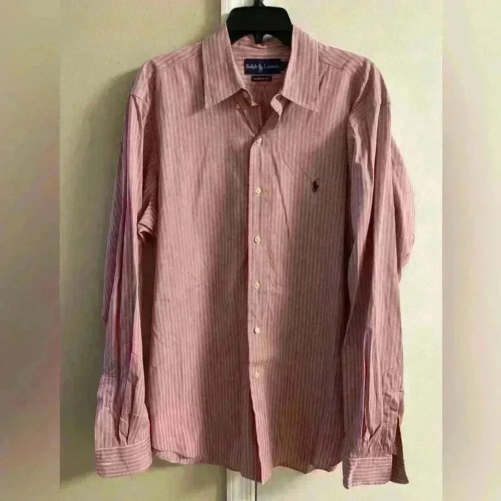 Ralph Lauren Classic Fit Pink Stripe Button Up Shirt Large 100% Cotton